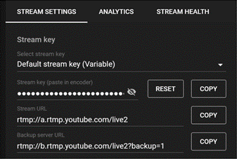 The Stream Settings configuration tab with options for the stream keys, Stream URL, etc.