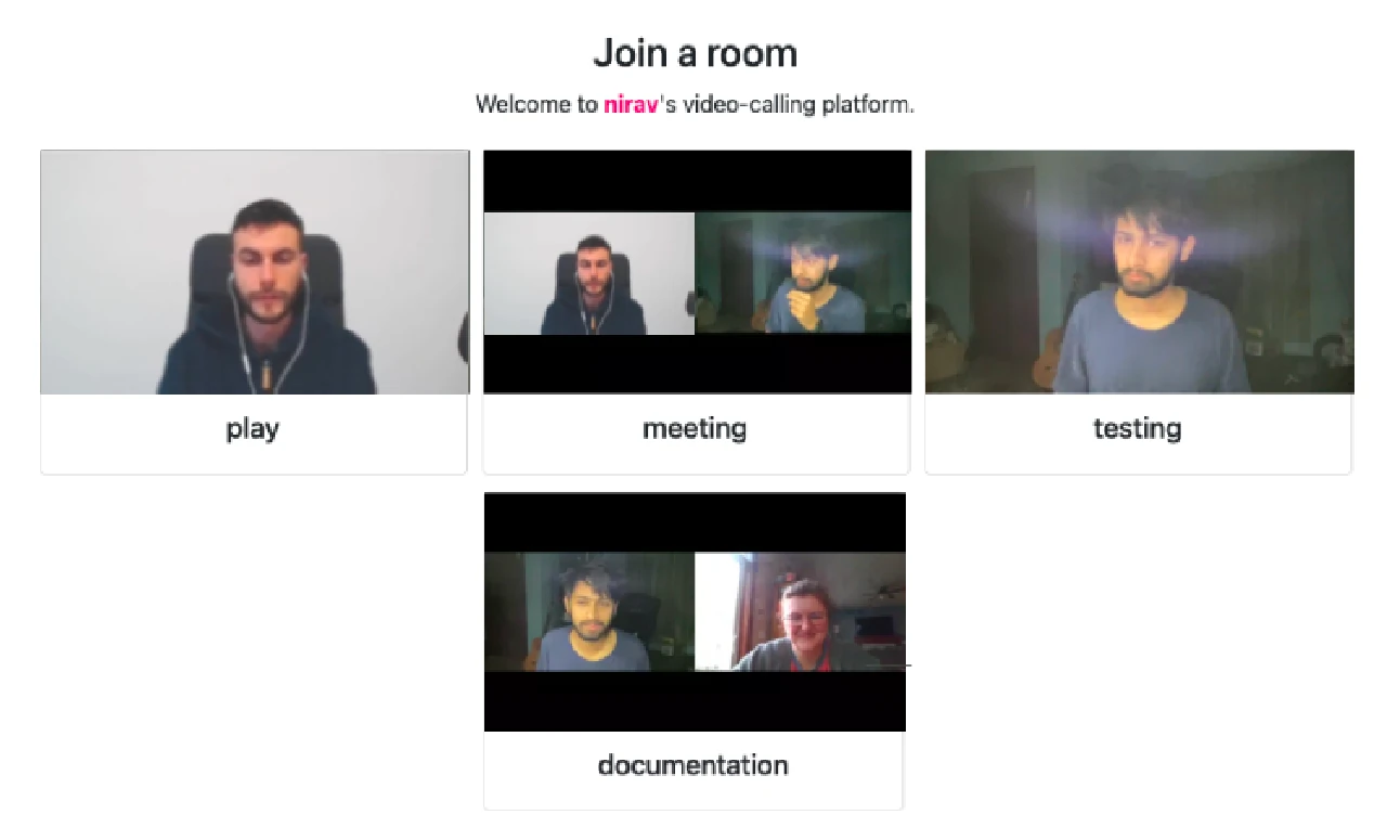 A screenshot with a preview of a Video Room. Text at the top reads 'Join a room'. Four previews are shown, each labeled with the room name.