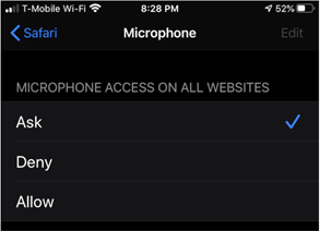 The Microphone page within Safari Settings on iPhone with the Ask option selected.