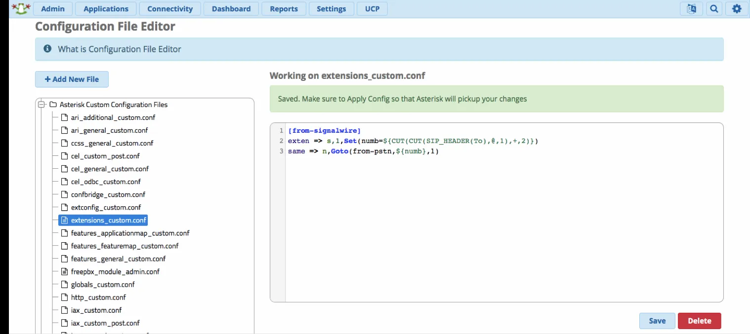 A screenshot of the Configuration File Editor, with the extensions_custom.conf file selected. The provided code has been pasted in the conf file.