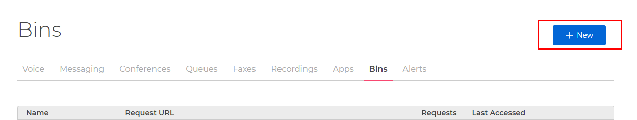 A screenshot of the 'Bins' tab with the blue 'New' button circled in red.