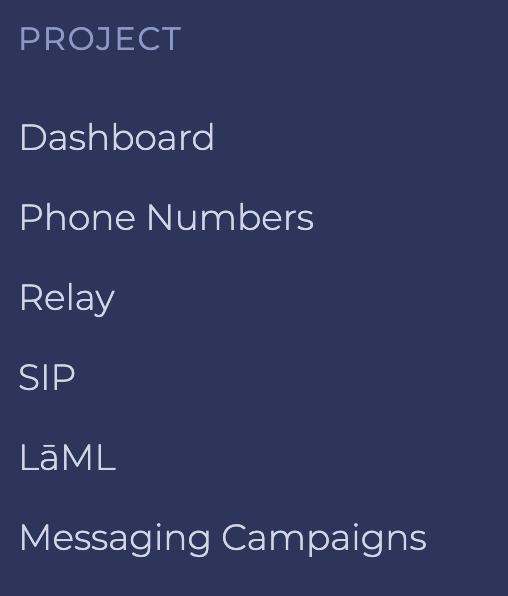 A screenshot of the options under the Project heading in a SignalWire Space, showing the LaML item.