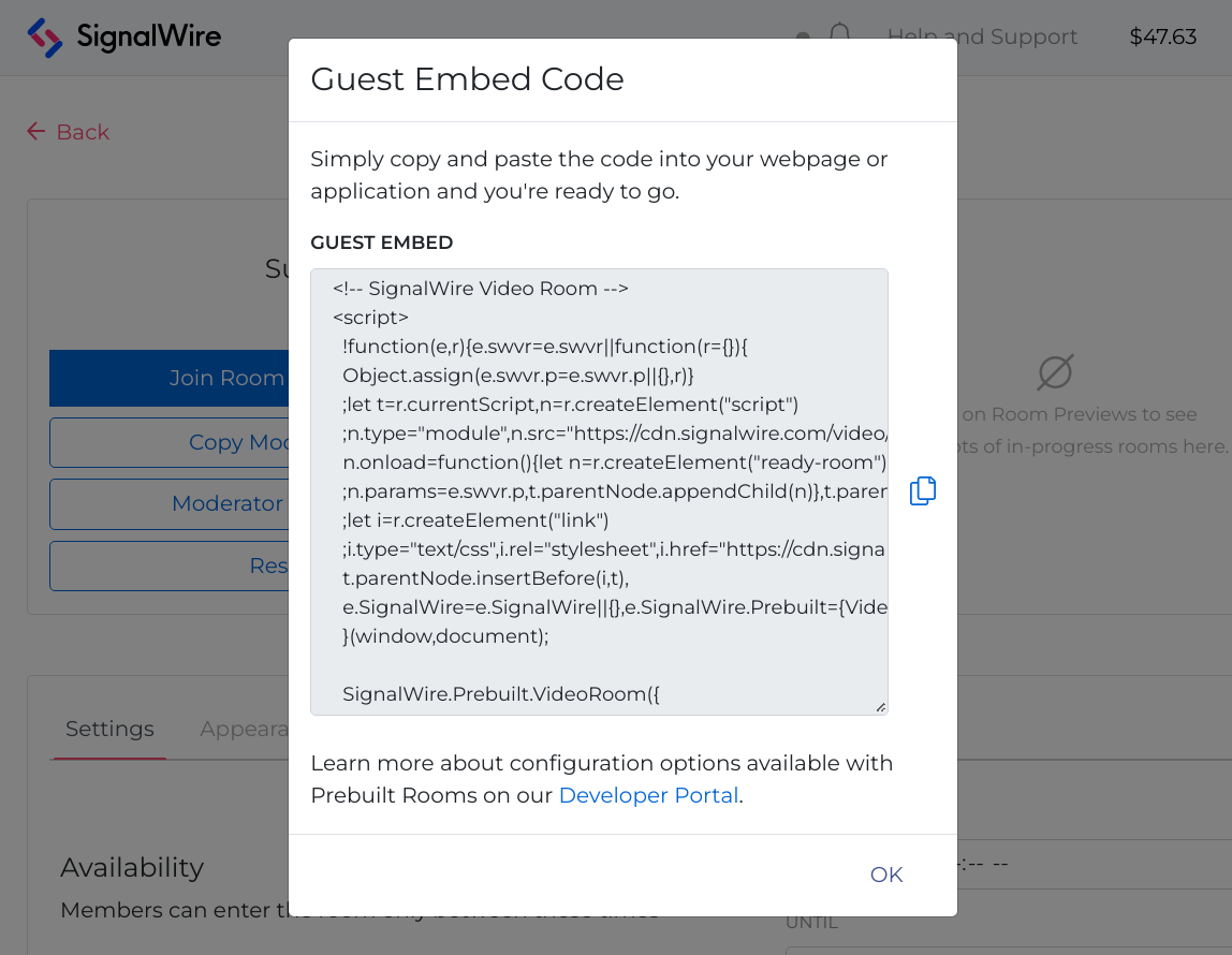 A screenshot of the Guest Embed Code dialog. Users can copy the provided embed code.