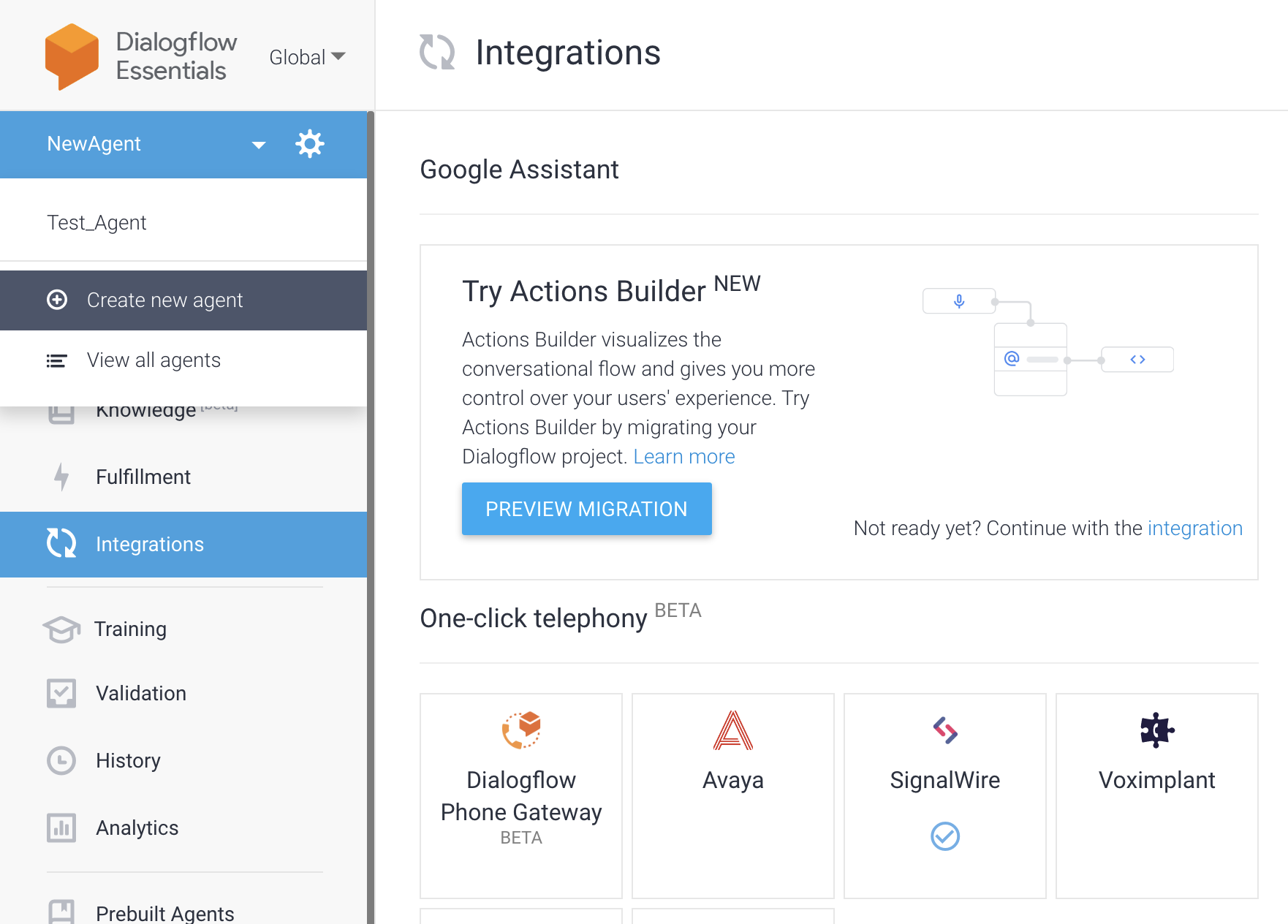 A screnshot of the Dialogflow web application with the 'Create new agent' option selected.