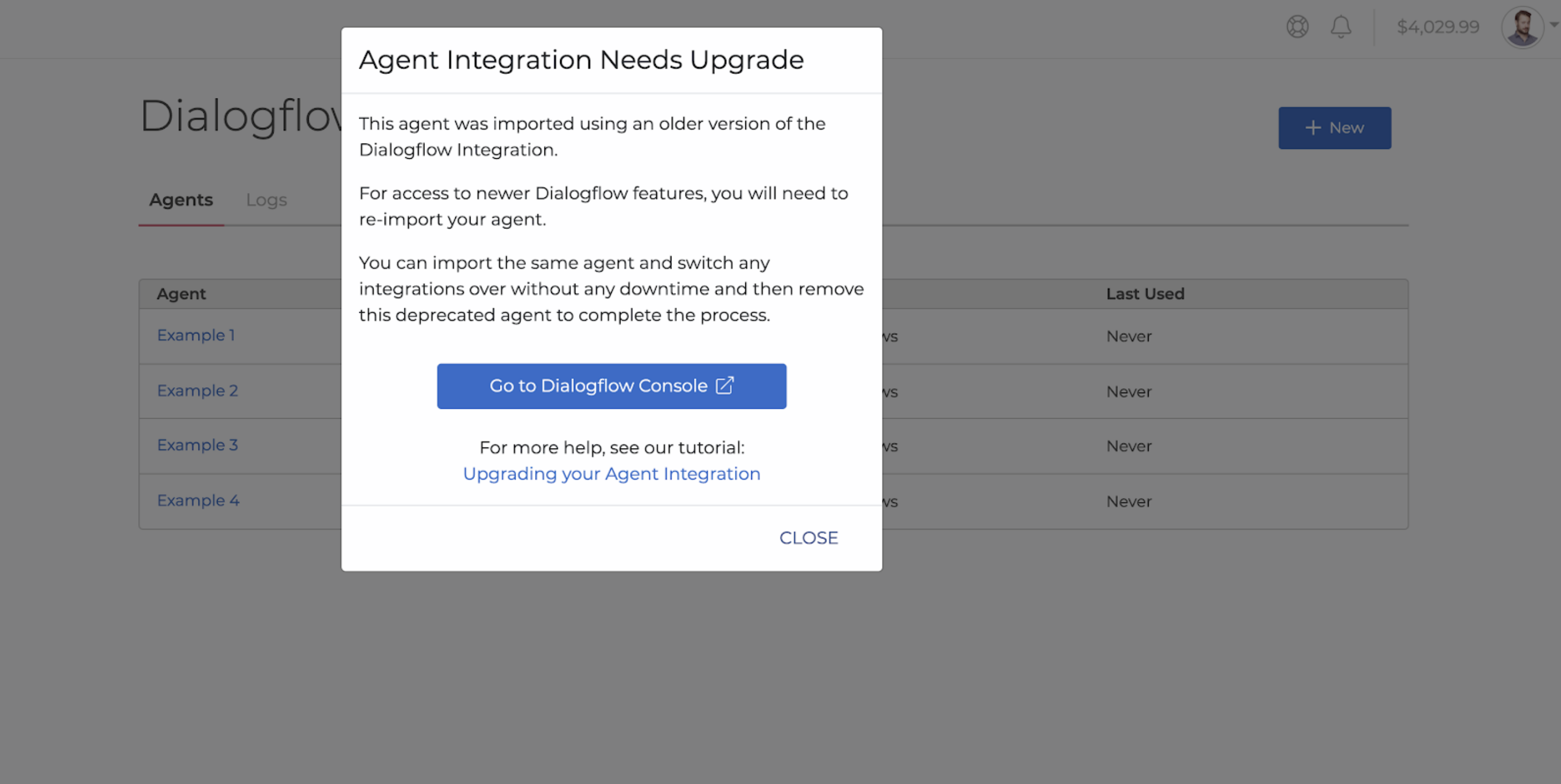 A screenshot of a popup window titled 'Agent Integration Needs Upgrade, with a blue button titled 'Go to Dialogflow Console'.