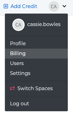 A screenshot of the Billing item in the drop-down menu in the top right of a SignalWire Space.