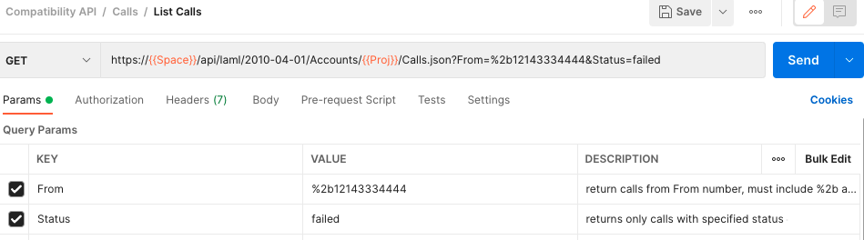A screenshot of a GET request in Postman using the URL described in the Listing Calls documentation article.