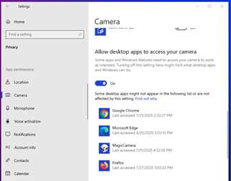 The Camera page in the Windows Settings app.