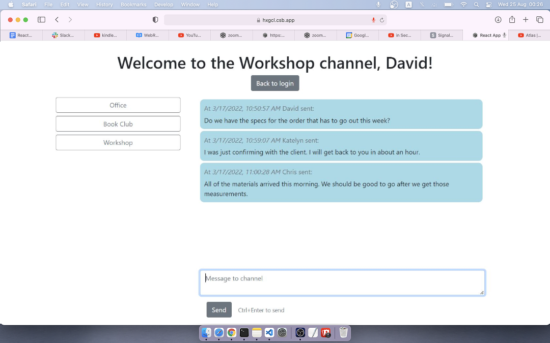 A screenshot of a chat application using the SignalWire Chat JS SDK and React. The application has three chat channels: Office, Book Club, and Workshop. Several sample messages from different users are shown. There is a text box and a Send button.