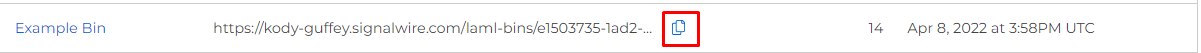 A screenshot of the created bin. The newly created bin is visible. The request URL appears next to a copy icon, which is circled in red.