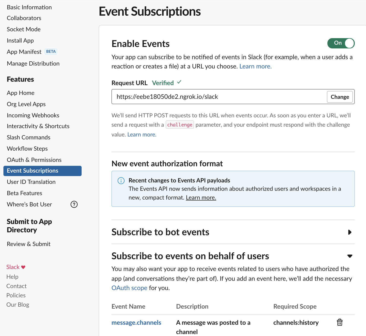 A screenshot of the Event Subscriptions page within the Features setting category. The ngrok domain is pasted within the Request URL field.