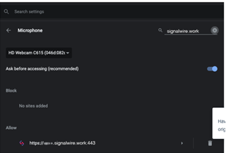 The Microphone Settings tab for the Chrome browser, with access enabled for sw.work.