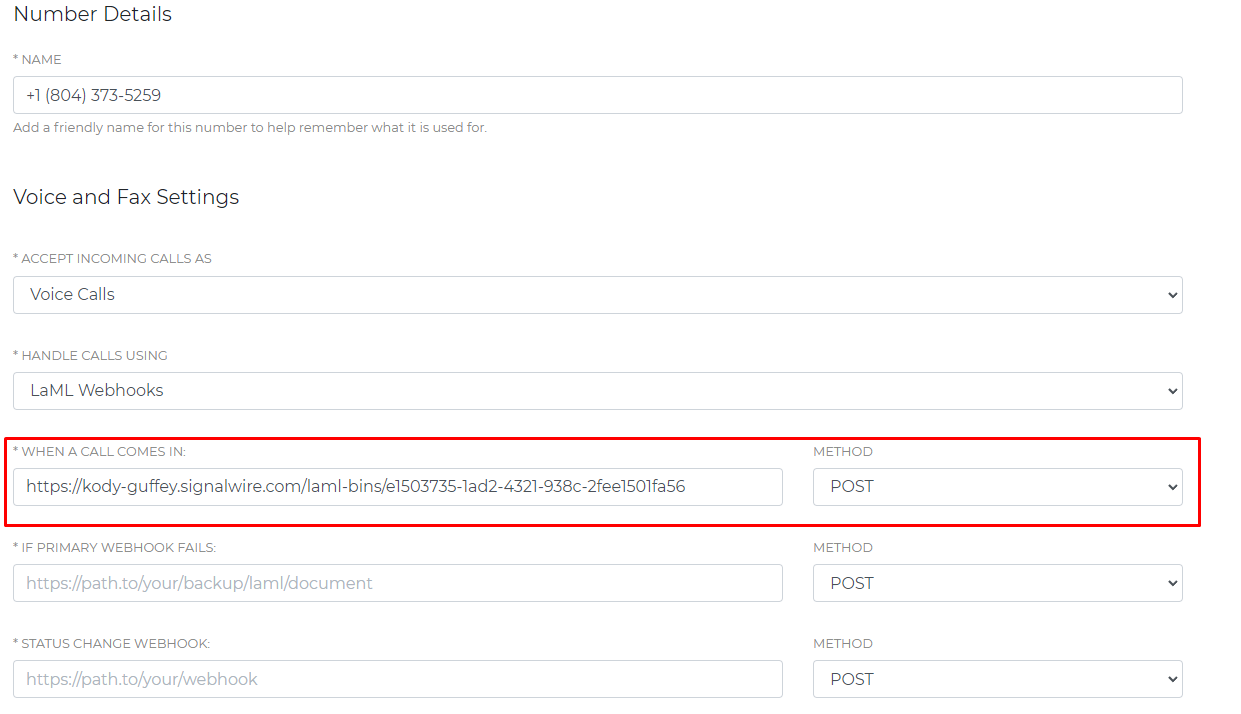 A screenshot of the Number Settings page. Under the Voice and Fax Settings header, the 'When a Call Comes in' field is circled in red. The LaML bin URL has been pasted in this field.