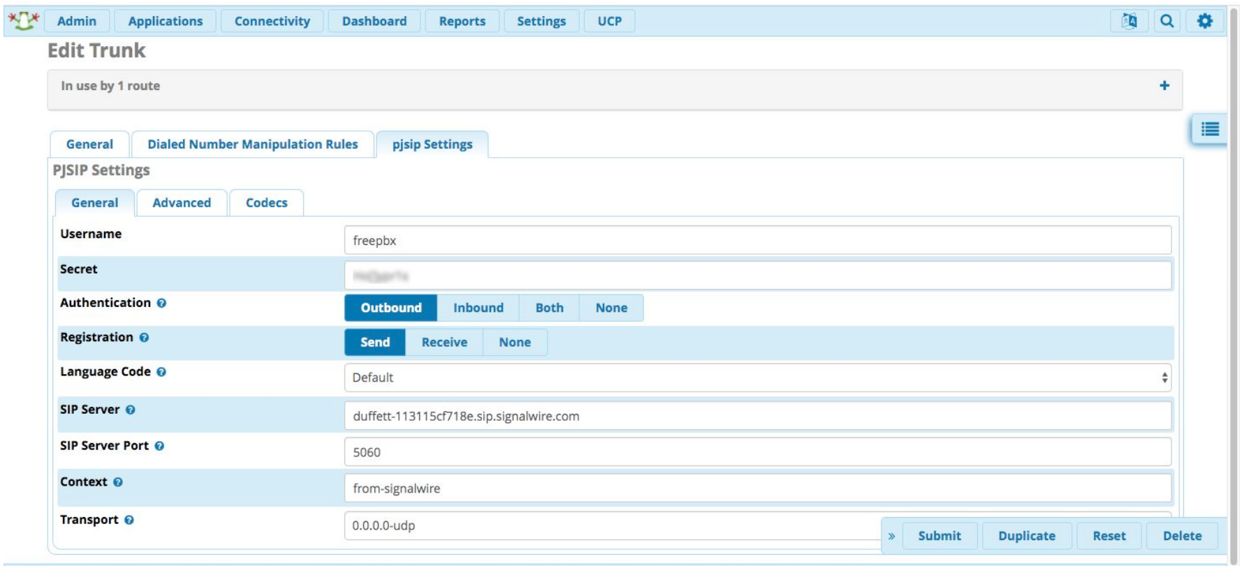 A screenshot of the PJSIP Settings tab of the Edit Trunk page in Asterisk. User name is set to freepbx. Authentication is set to Outbound. Registration is set to Send. Language Code is set to Default. The SIP Server is set to the desired space URI. SIP Server Port is set to 5060. Context is set to 'from-signalwire'. Transport is set to '0.0.0.0-udp'.