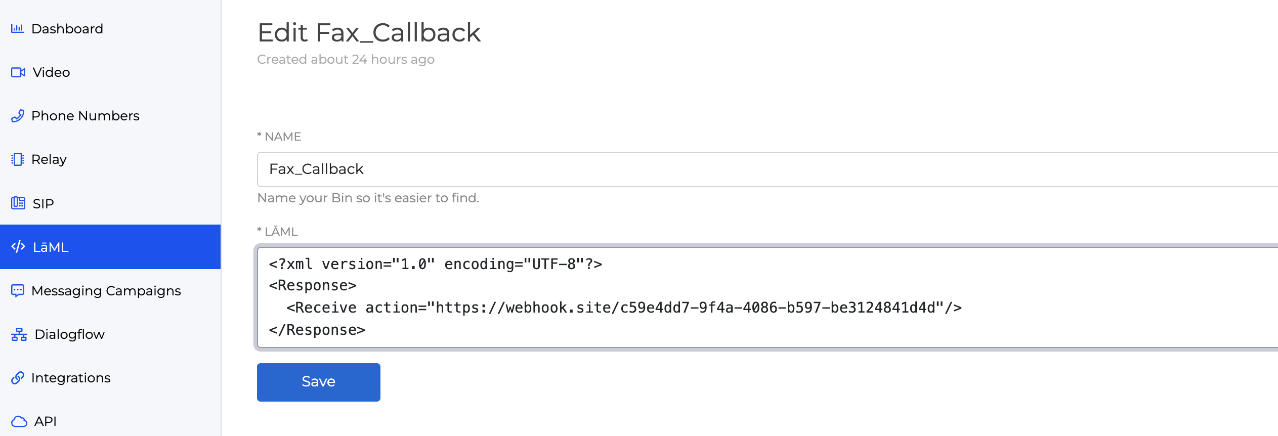 A screenshot of a LaML bin titled Fax_Callback showing the described XML in the LAML input box.