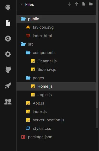 A screenshot of an IDE showing the file structure of the chat application. The src folder includes the components and pages folders, as well as App.js, index.js, serverLocation.js, and styles.css. The components folder includes Channel.js and Sidenav.js. The pages folder includes Home.js and Login.js.