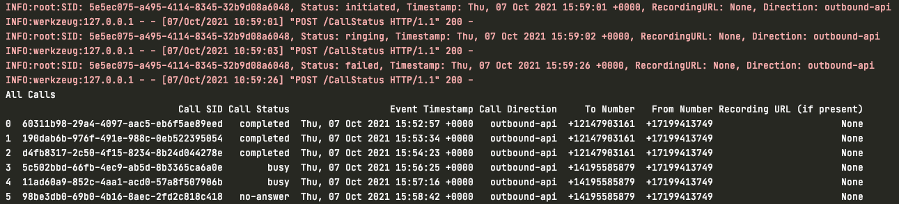 A screenshot of the log, showing the tables reprinting with the updated list of completed and failed calls.