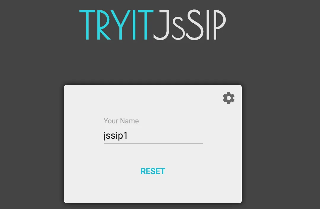 A screenshot of the TryIt JS SIP interface. In the 'Your Name' input field, the user has entered 'jssip1'. There is a gear icon and a button labeled 'Reset'.