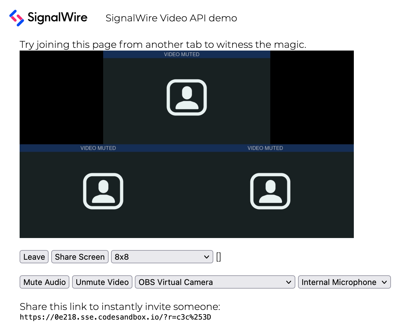 This screenshot shows a SignalWire video call with three participants. The buttons beneath the video allow the user to do the following actions: Leave the call, Share Screen, change video grid, Mute or Unmute Audio and Video, and change the camera and microphone.