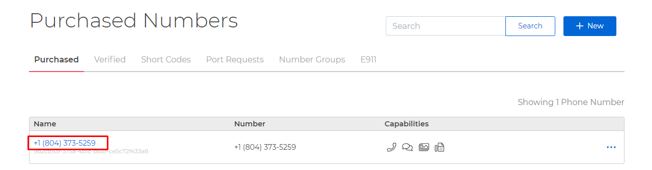 A screenshot of the Phone Numbers tab in the SignalWire Space. The Purchased tab is selected. A phone number is circled in red.