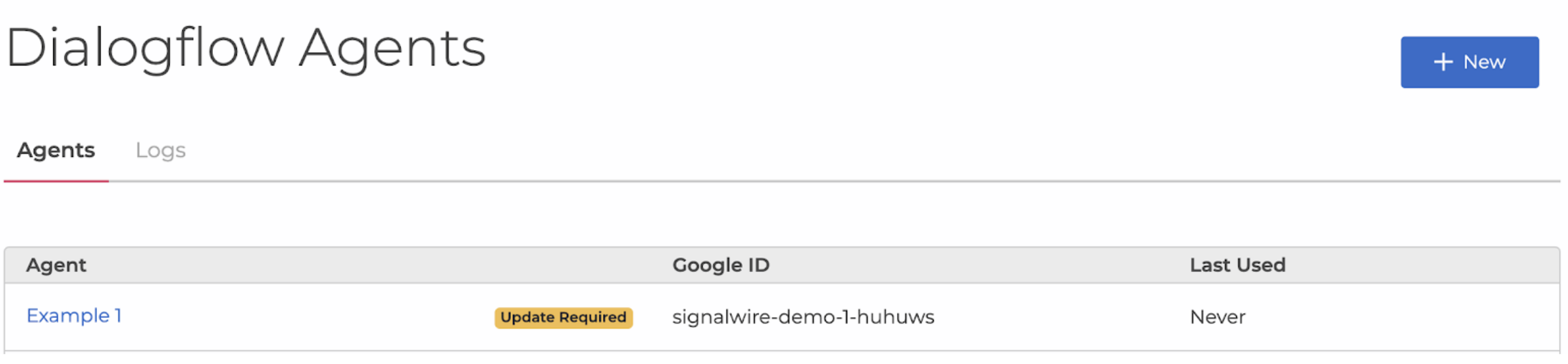 A screenshot of the Dialogflow section of the SignalWire Space. There is a yellow 'Update Required badge next to the Agent Name.