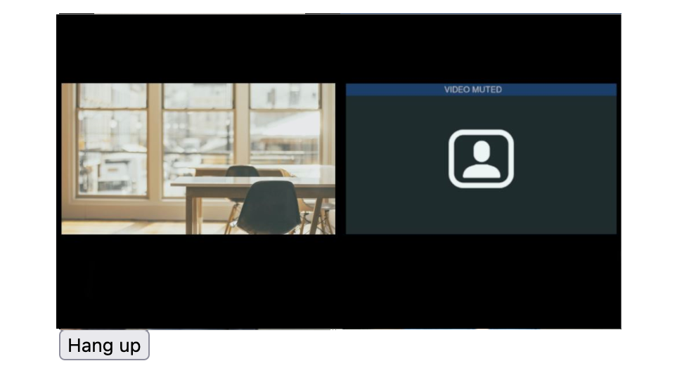 A screenshot of a video call with two participants and a button labeled 'Hang up' beneath the video.