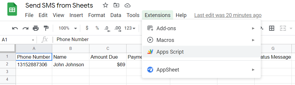 A screenshot of the Google Sheets UI in the same spreadsheet. The Extensions menu item is selected, and the pointer is hovering on the 'Apps Script' option.