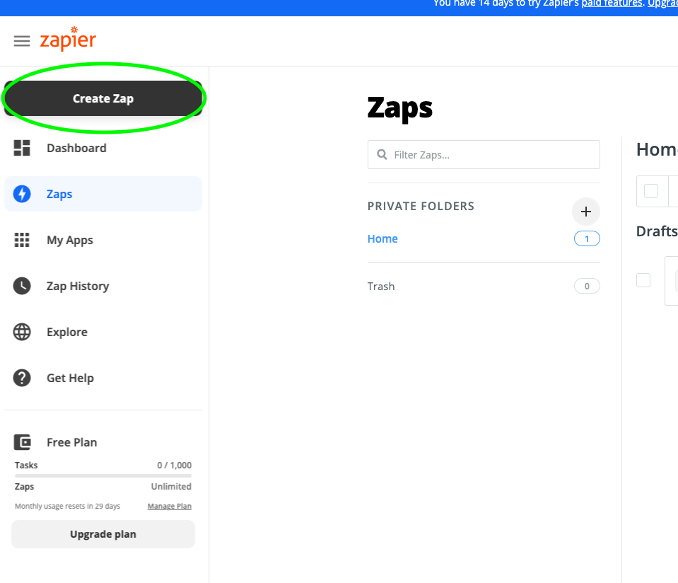 A screenshot of the Zapier web application. The button labeled 'Create Zap' is circled in green.