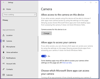 The Camera page in the Windows Settings app.