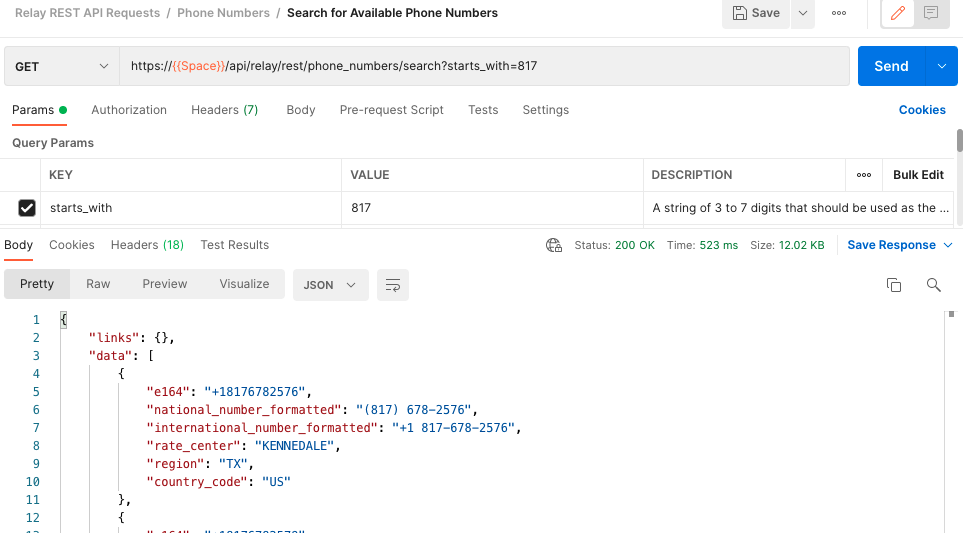 A screenshot of a request in Postman using the URL from the Number Search API documentation article.