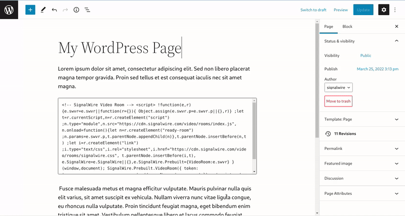 An animated Gif showing a password-protected WordPress page with the Guest Video Conference code in an HTML block.