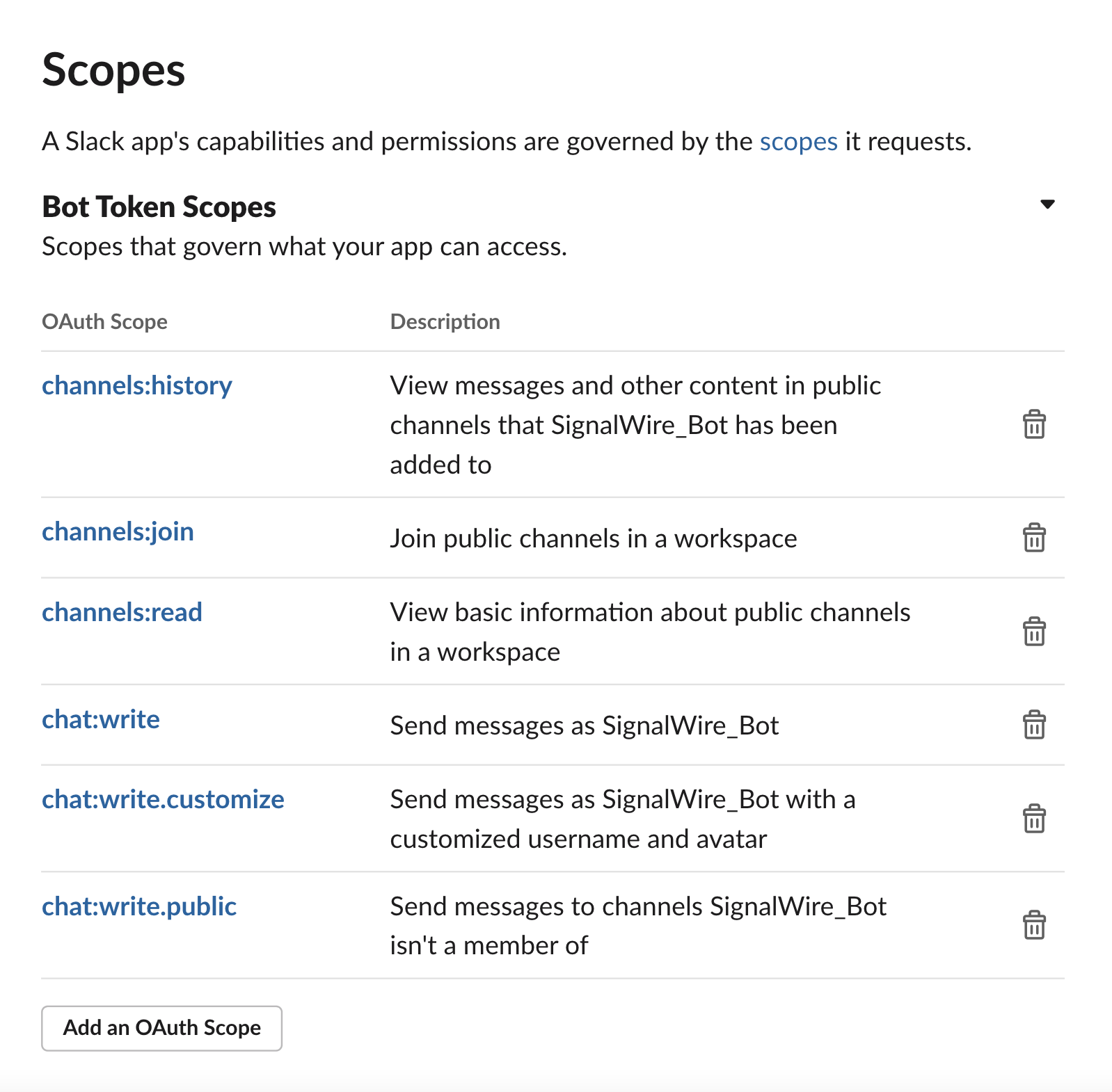 A screenshot of the Scopes page for the Slack app, showing the described OAuth Scope items added under Bot Token Scopes.