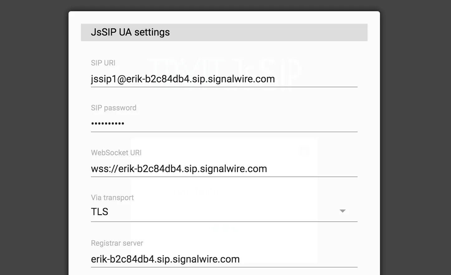 A screenshot of the JsSIP UA settings pane, with fields for SIP URI, SIP Password, WebSocket URI, Via Transport, and Registrar Server.