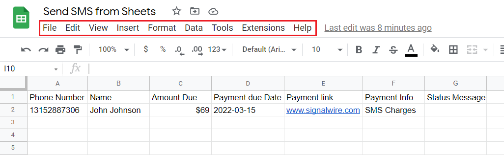 A screenshot of the Google Sheets UI in the same spreadsheet. The menu bar (starting with File, Edit, View and ending with Help) is outlined in red.