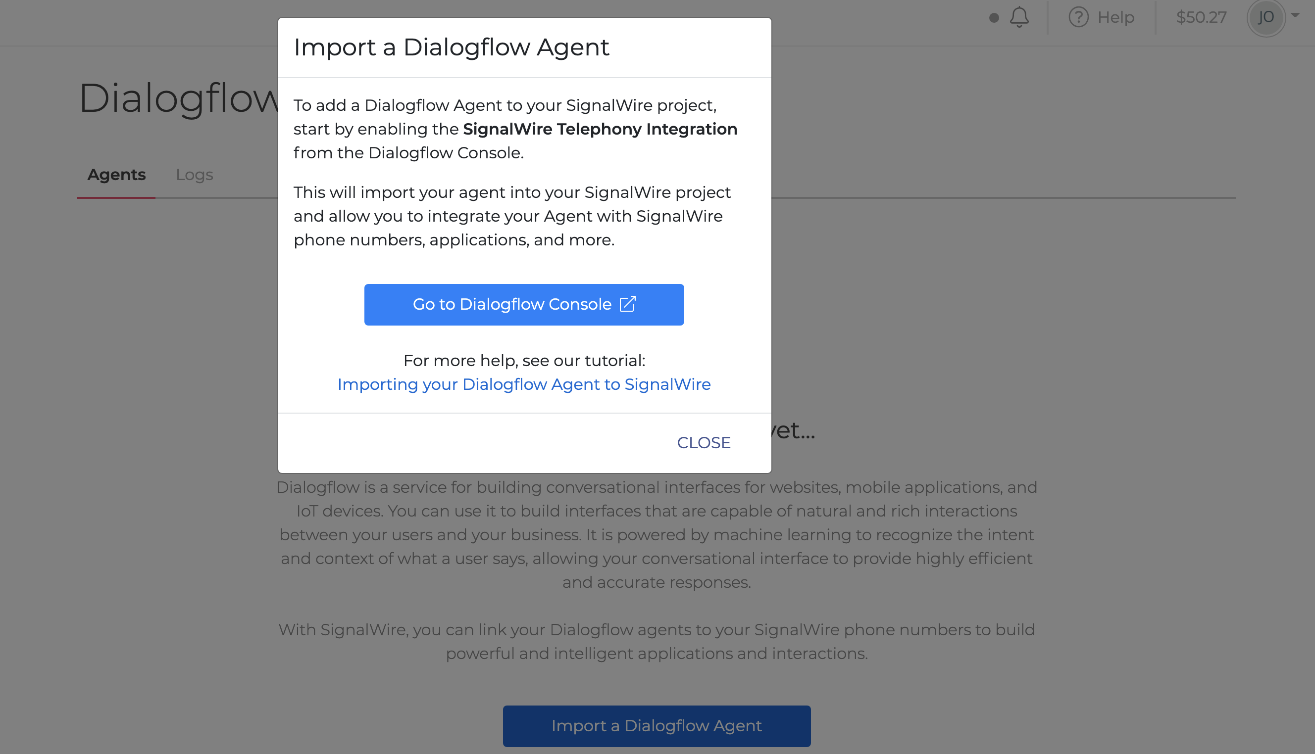 A screenshot of the 'Import a Dialogflow Agent' popup. A blue button gis labeled 'Go to Dialogflow Console'.