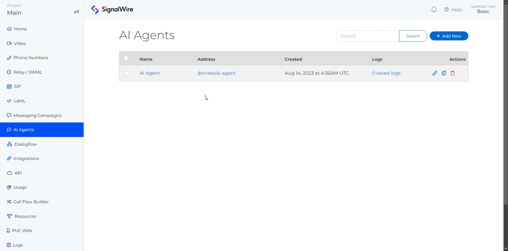 The AI Agents page. The page shows a list of AI agents in table format, displaying the Name, Address, Created, Logs and Actions. There is a blue button labeled 'Add New'.