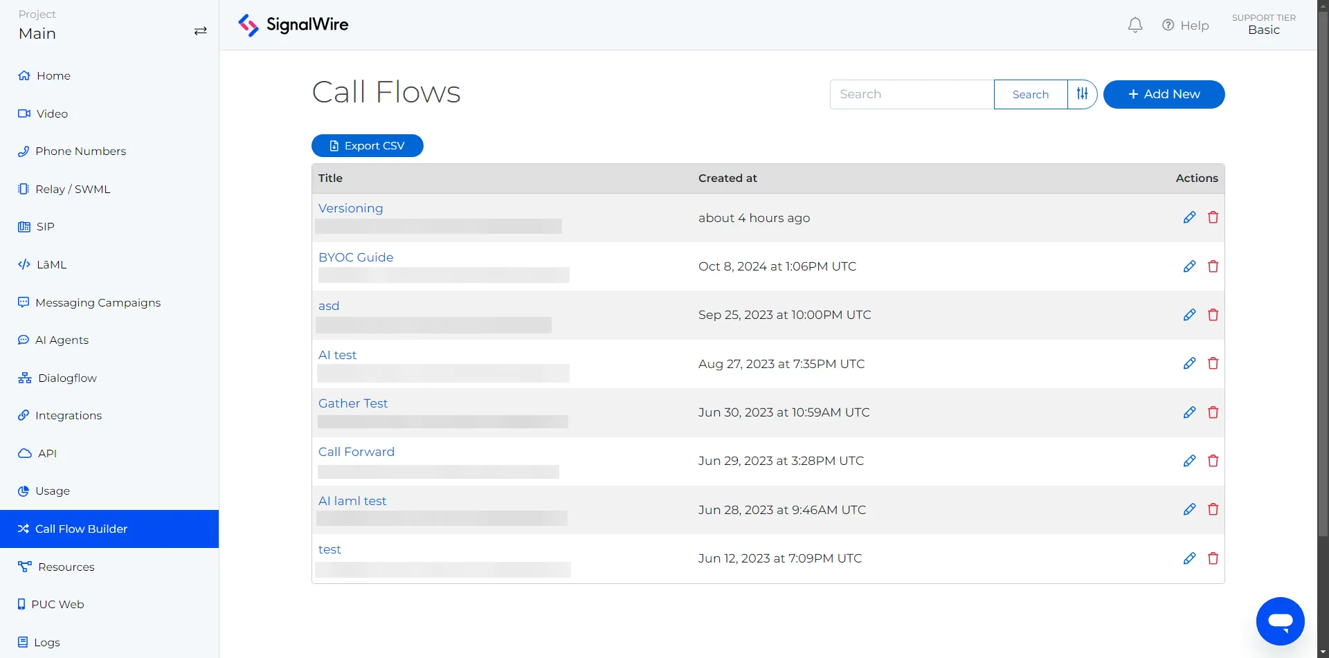 The Call Flow Builder page. The page shows a list of call flows in table format. There is two blue buttons labeled 'Add New' and `Export CSV`.