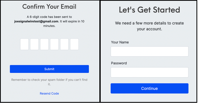 Email verification screen and Login Credentials Setup