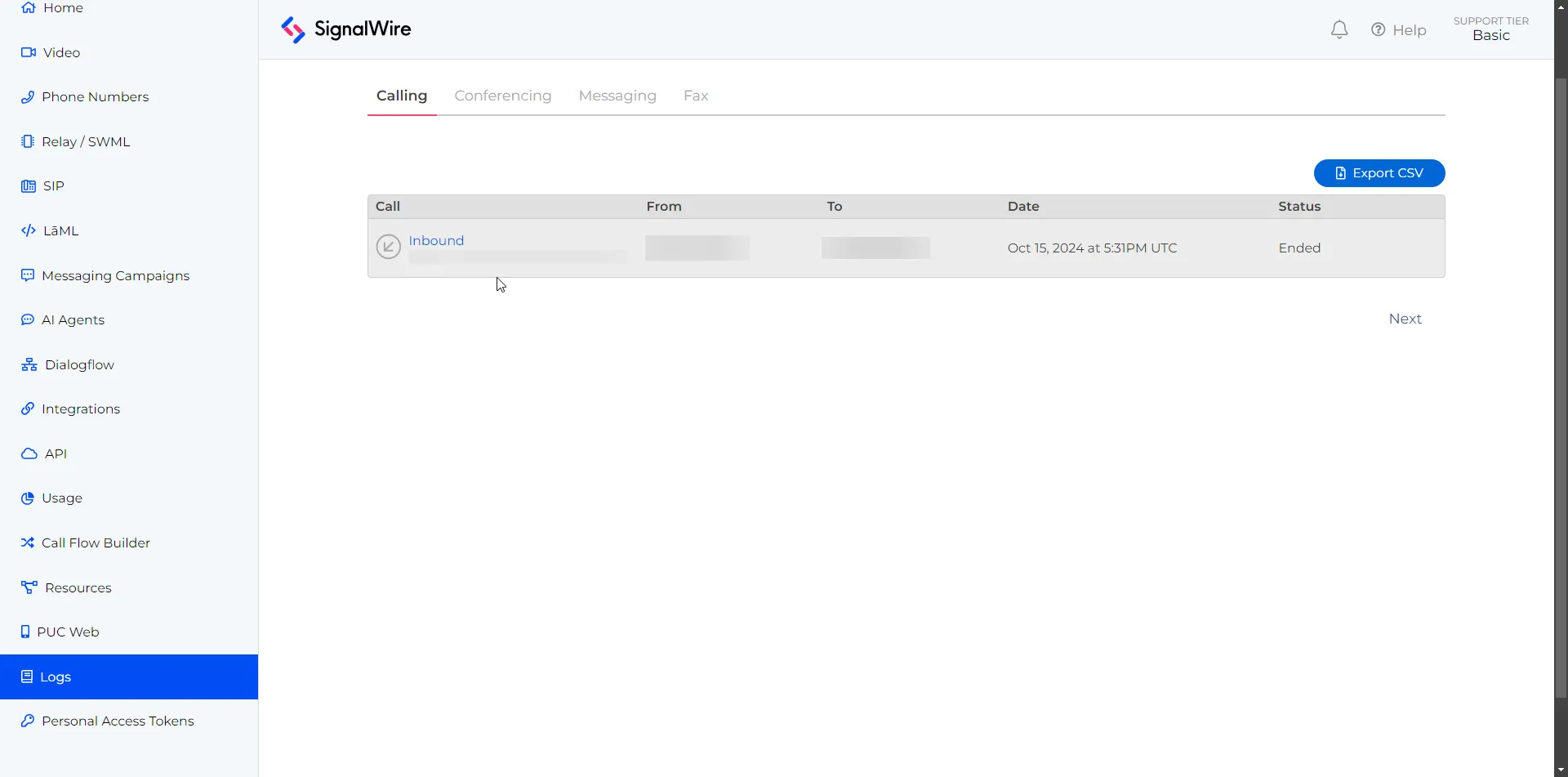 The Logs page. The page shows a list of logs in table format, displaying the From, To, Date, and Statfus. There is a blue button labeled 'Export CSV'.