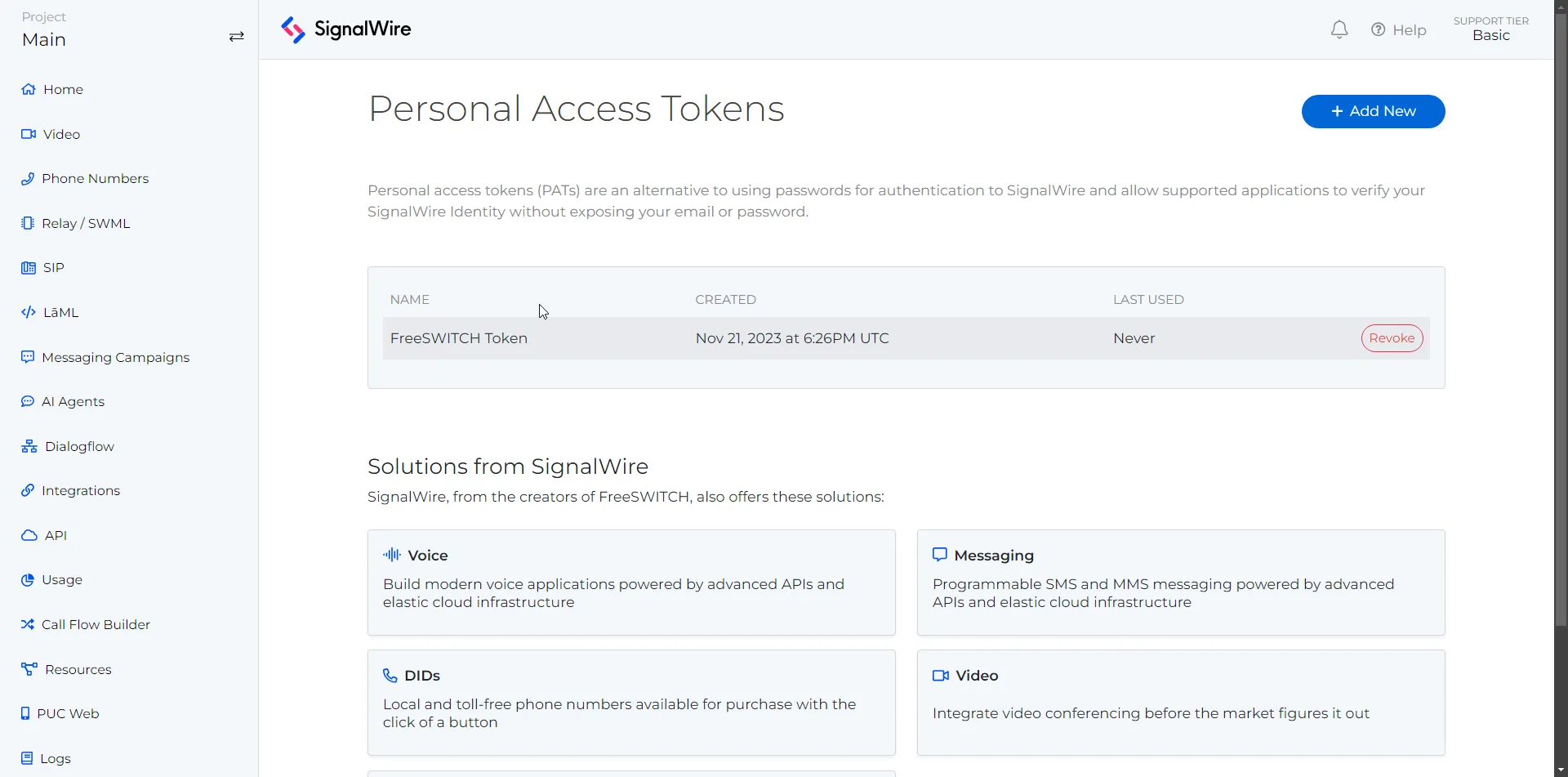 The Personal Access Tokens page. The page shows a list of tokens in table format, displaying the Name, Created, and Last Used. There is a blue button labeled 'Add New'.