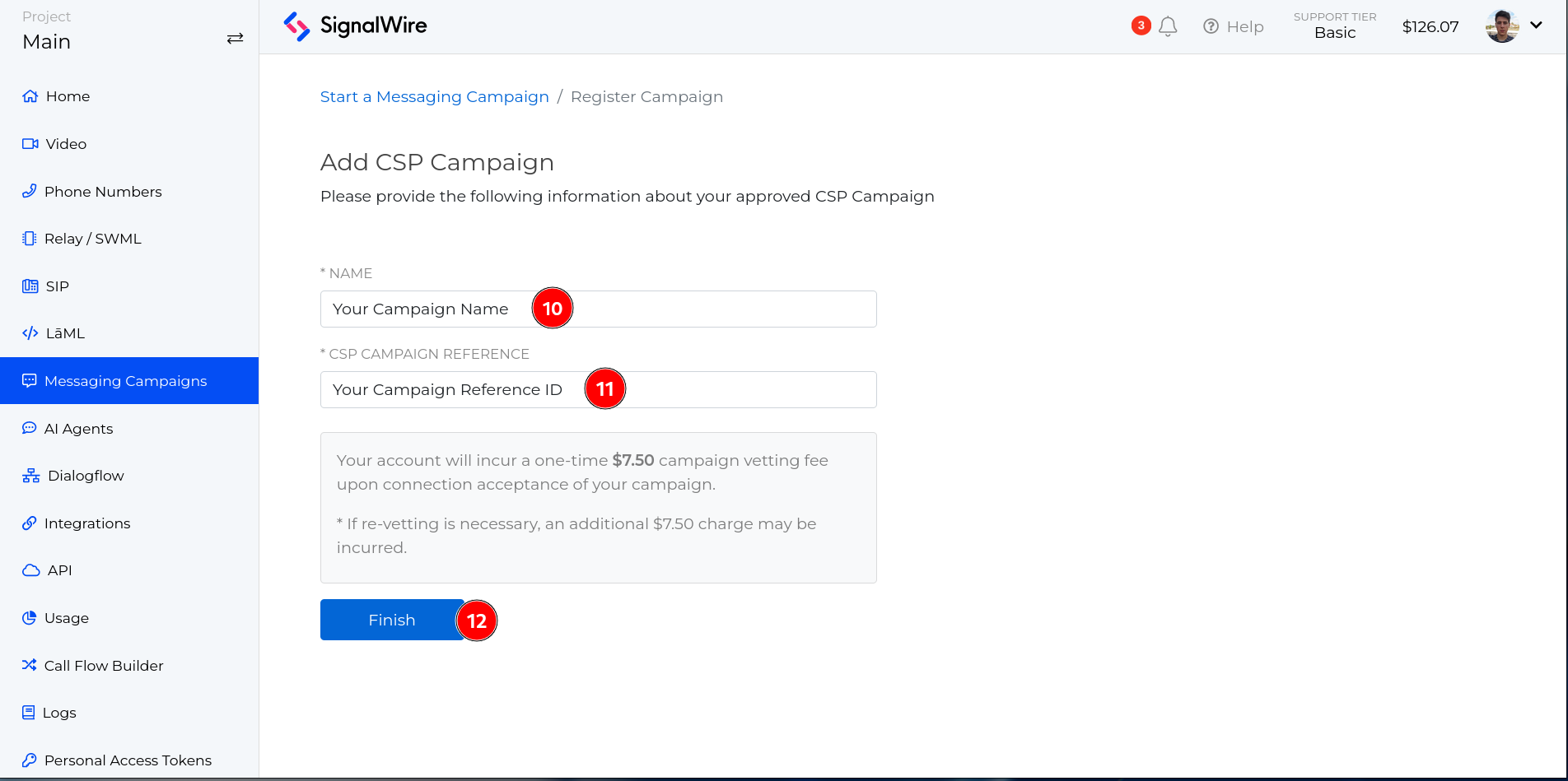 A screenshot of the Add CSP Campaign page. The user can add the name of the Campaign and the Reference ID, and then click the Blue button to finish adding the campaign.