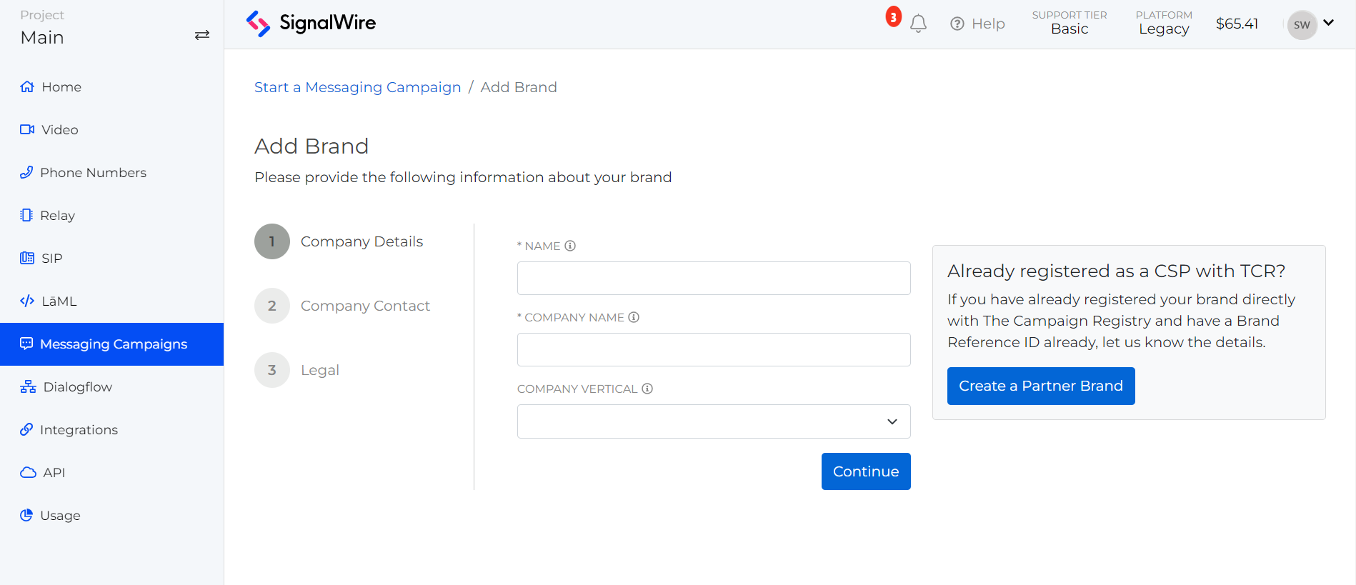 Brand creation page overview showcasing existing brands on the SignalWire dashboard.