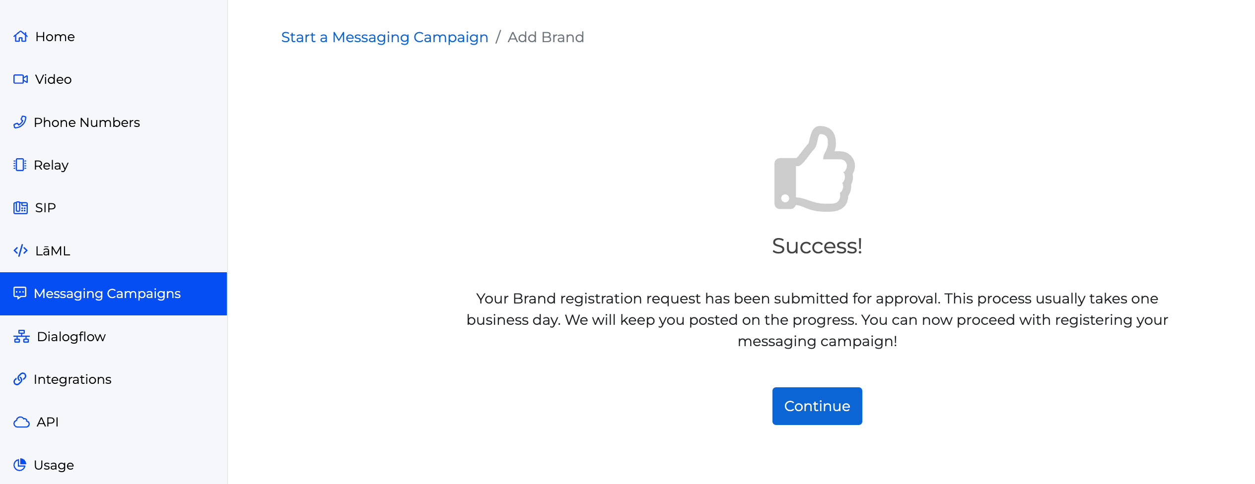 Brand creation success page overview showcasing brand registration on the SignalWire dashboard.