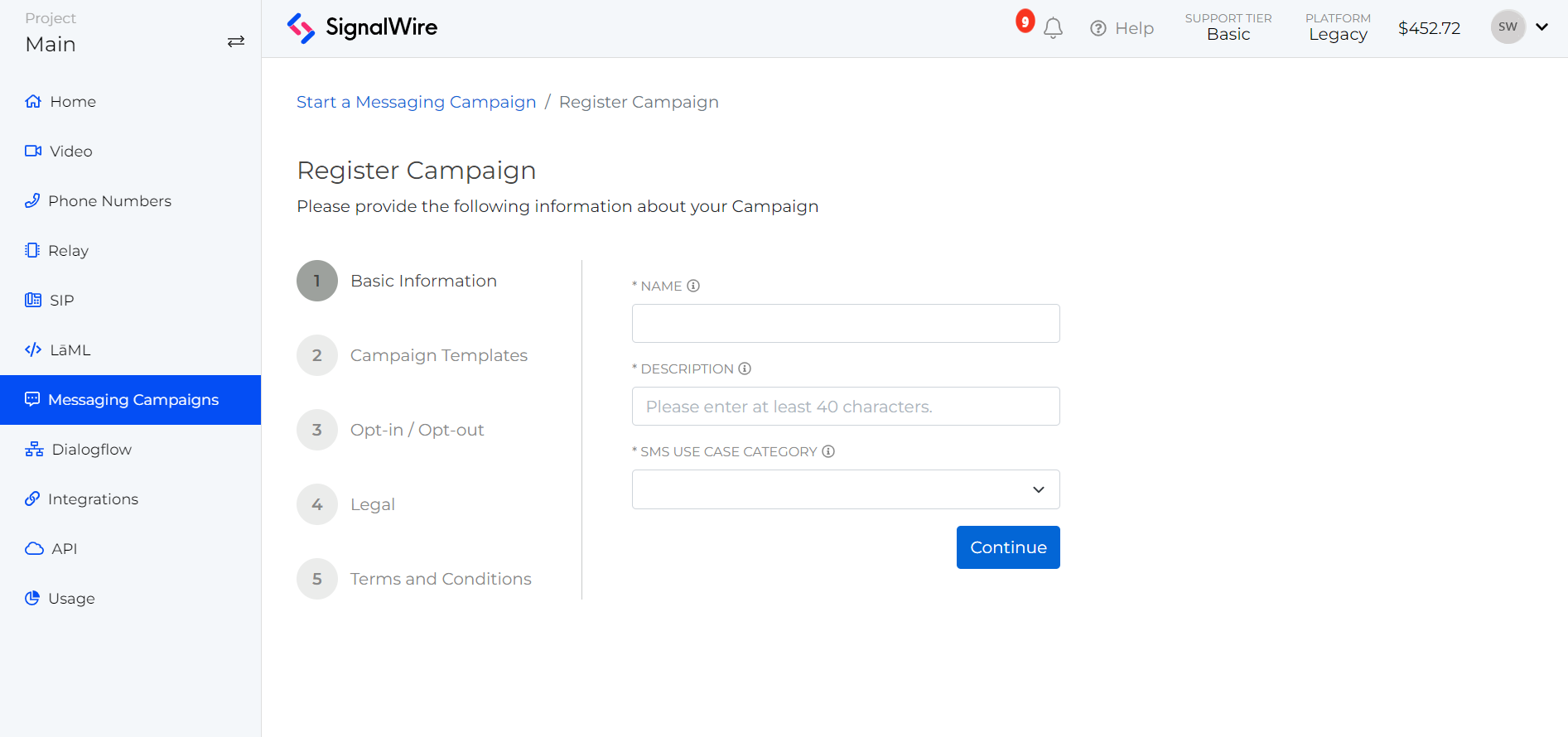 Messaging-Campaigns registering page overview showcasing campaign registration on the SignalWire dashboard.