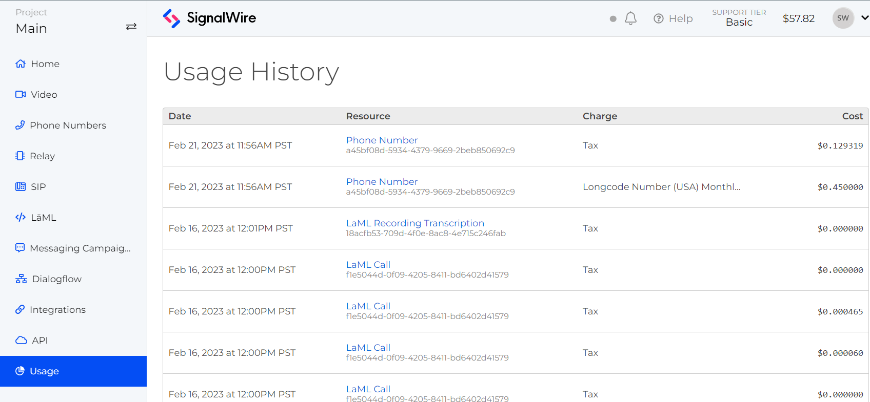 A screenshot of the Usage tab, organizing call logs by date, resource, charge, and cost.