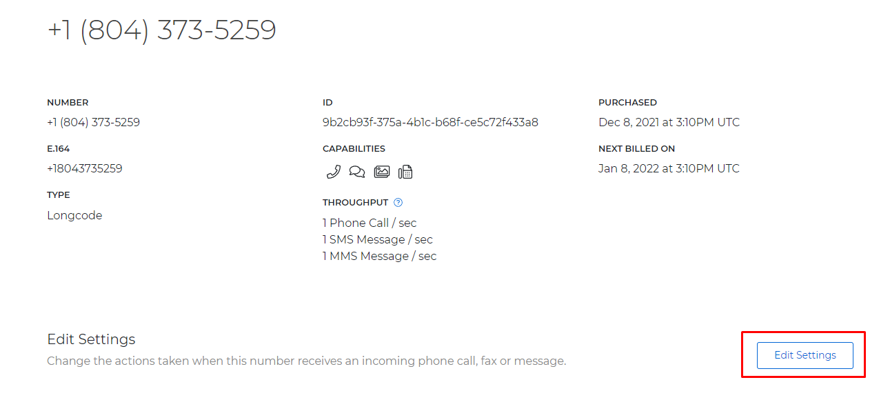 A screenshot of the details page for the selected phone number. The 'Edit Settings' button is circled in red.