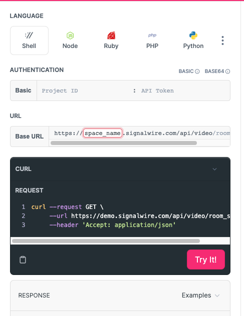A screenshot of the Try It feature in action, generating code in cURL, Node, Ruby, PHP, and Python based on a Project ID, API token, and Space name.