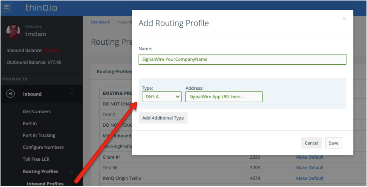 A screenshot of the Add Routing Profile popup in the thinQ interface.