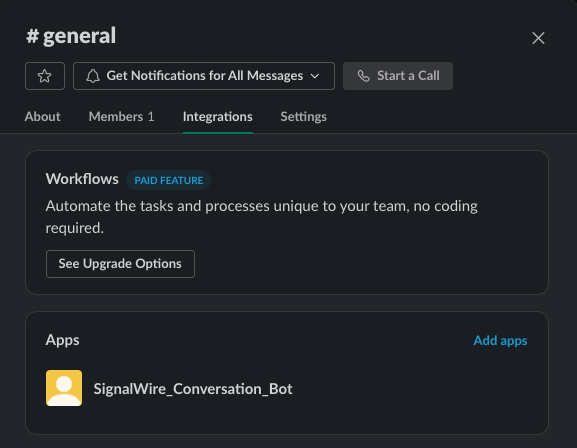 A screenshot of the Integrations settings pane of the #general channel in a Slack workspace. SignalWire_Conversation_Bot is shown added in the Apps section.