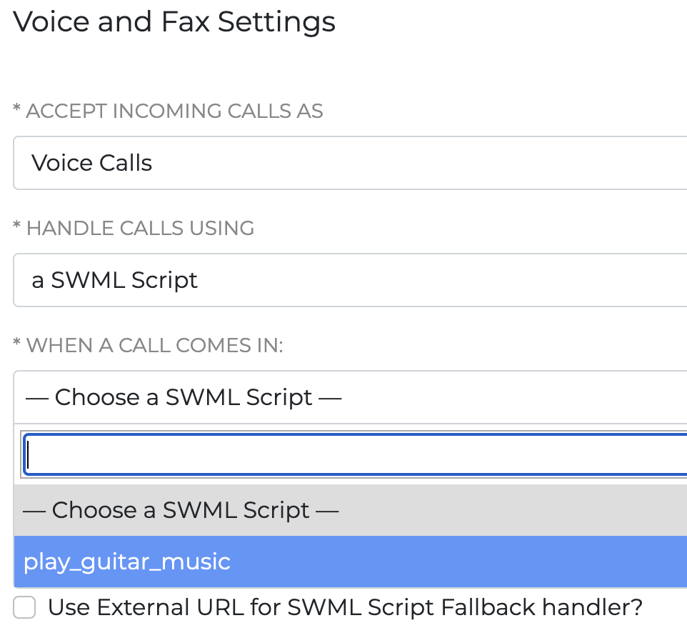 SignalWire Dashboard's phone number setting screen, selecting a SWML script as call handler.